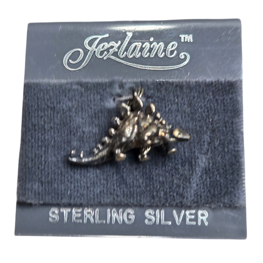 Vintage Jezlaine Sterling Silver Stegosaurus Dinosaur Charm Pendant Mervyns Card
